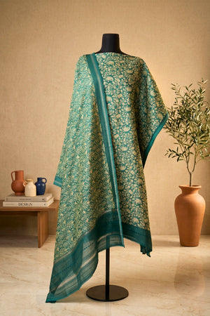 Teal Green Floral Printed Cotton Chanderi Unstitched Suit Set