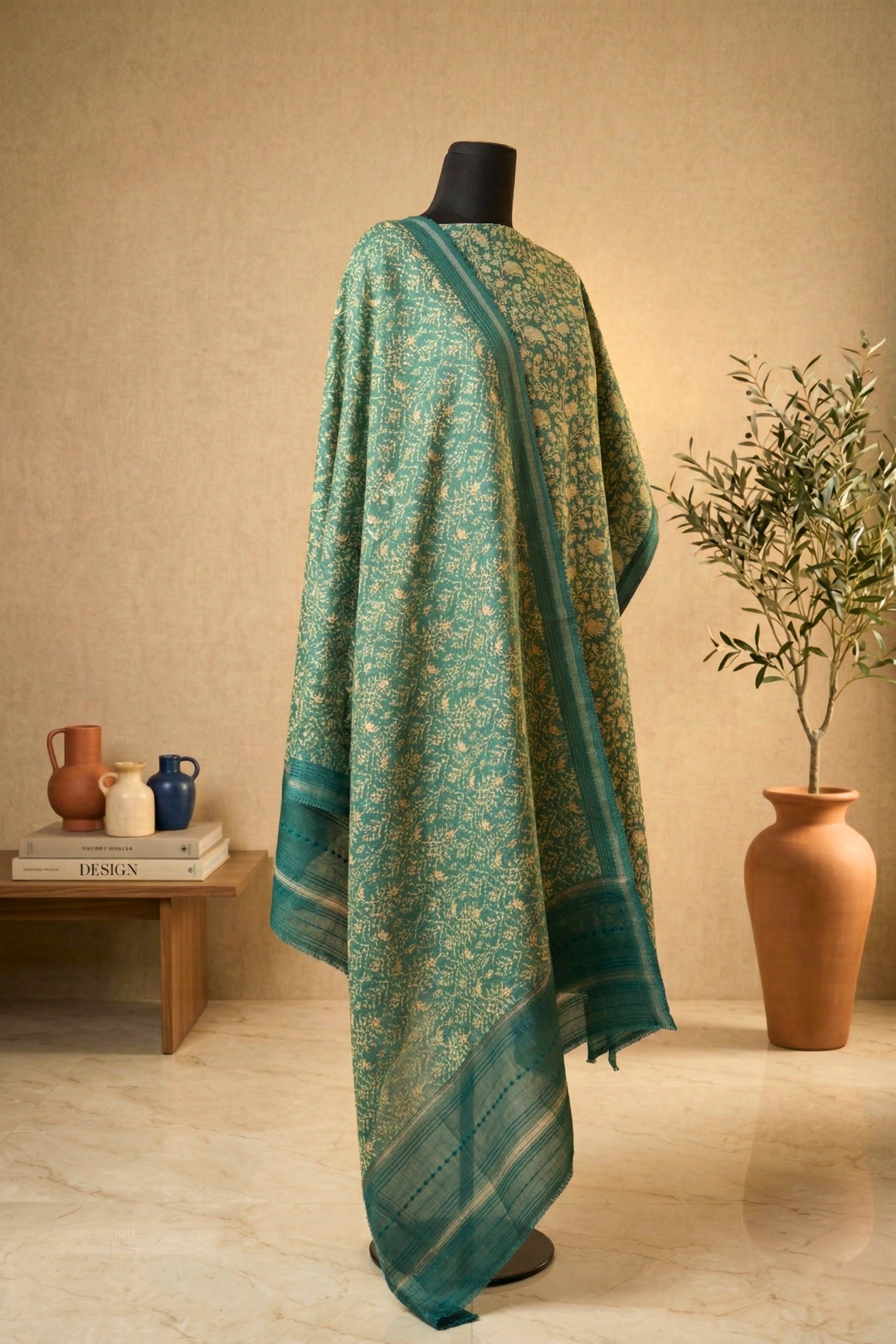 Teal Green Floral Printed Cotton Chanderi Unstitched Suit Set