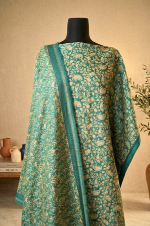 Teal Green Floral Printed Cotton Chanderi Unstitched Suit Set