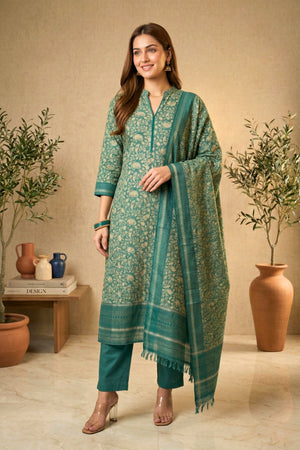 Teal Green Floral Printed Cotton Chanderi Unstitched Suit Set