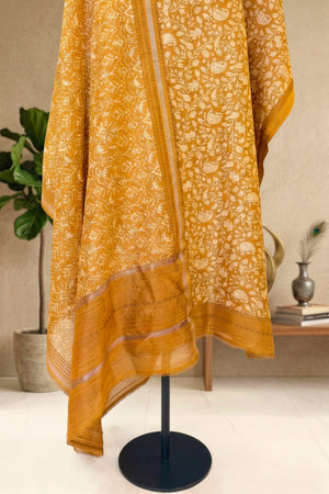 Mustard Yellow Floral Handloom Cotton Chanderi Unstitched Suit Set