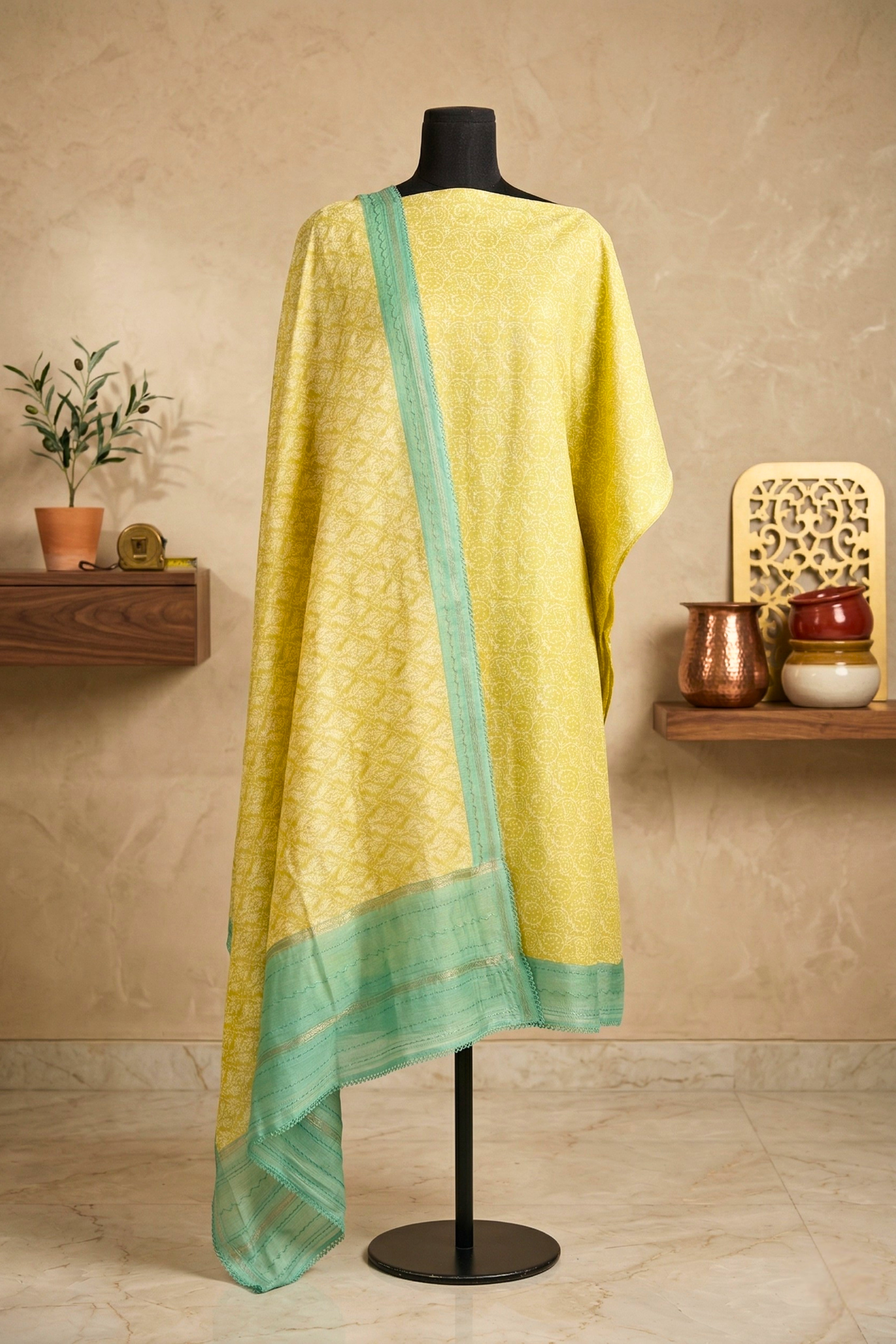 Fresh Lime & Mint Handloom Cotton Chanderi Unstitched Suit Set