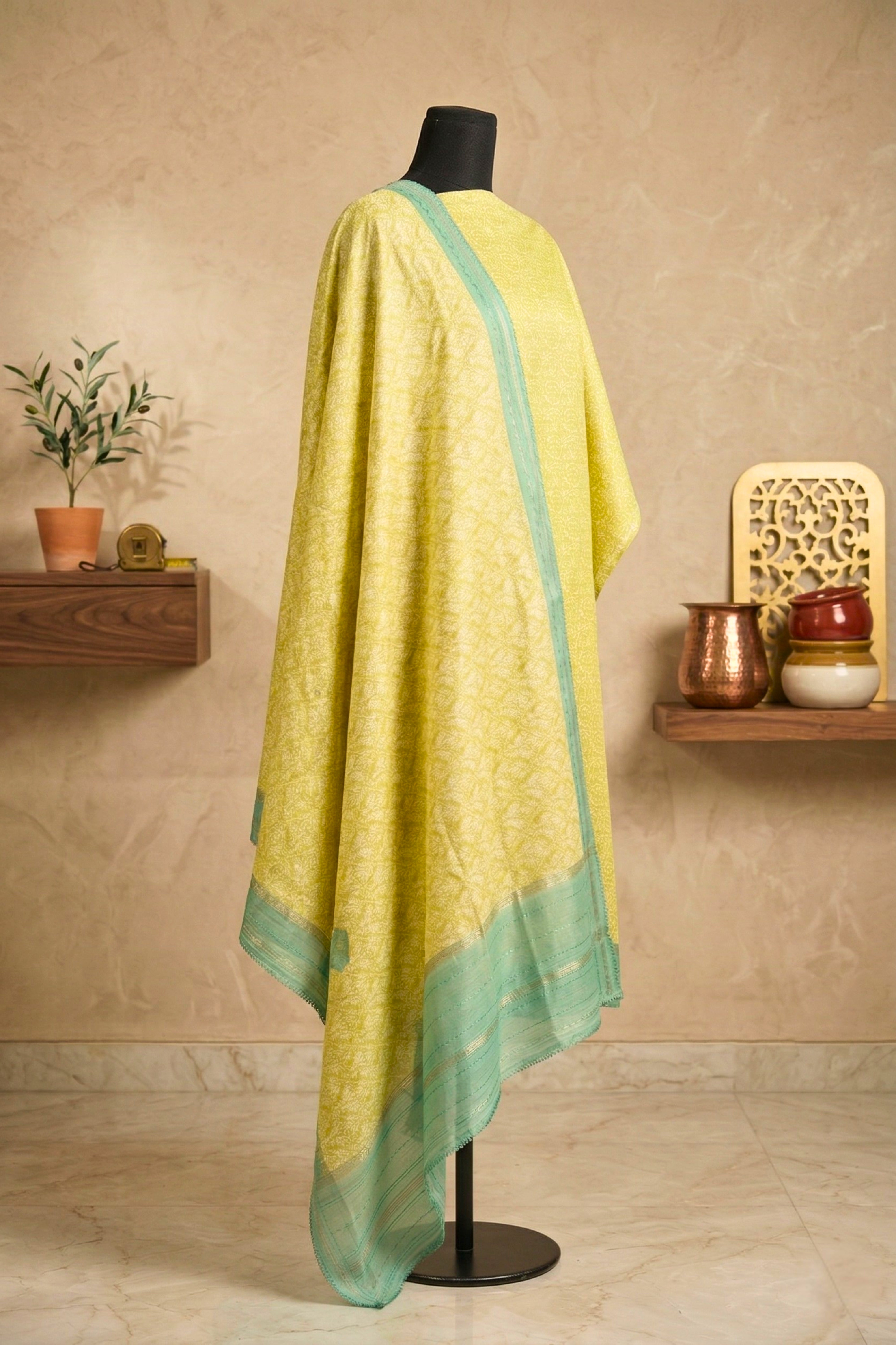 Fresh Lime & Mint Handloom Cotton Chanderi Unstitched Suit Set