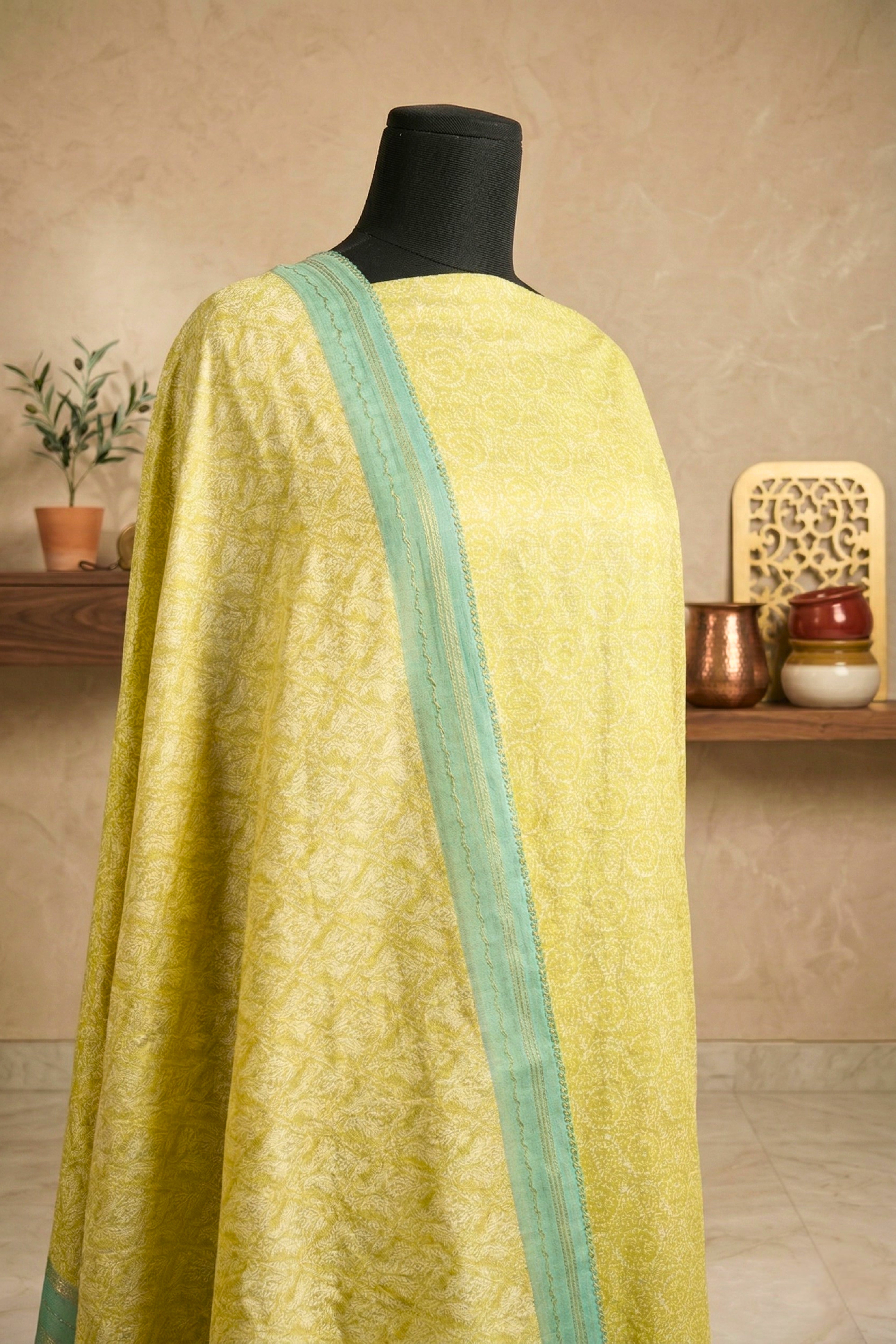 Fresh Lime & Mint Handloom Cotton Chanderi Unstitched Suit Set