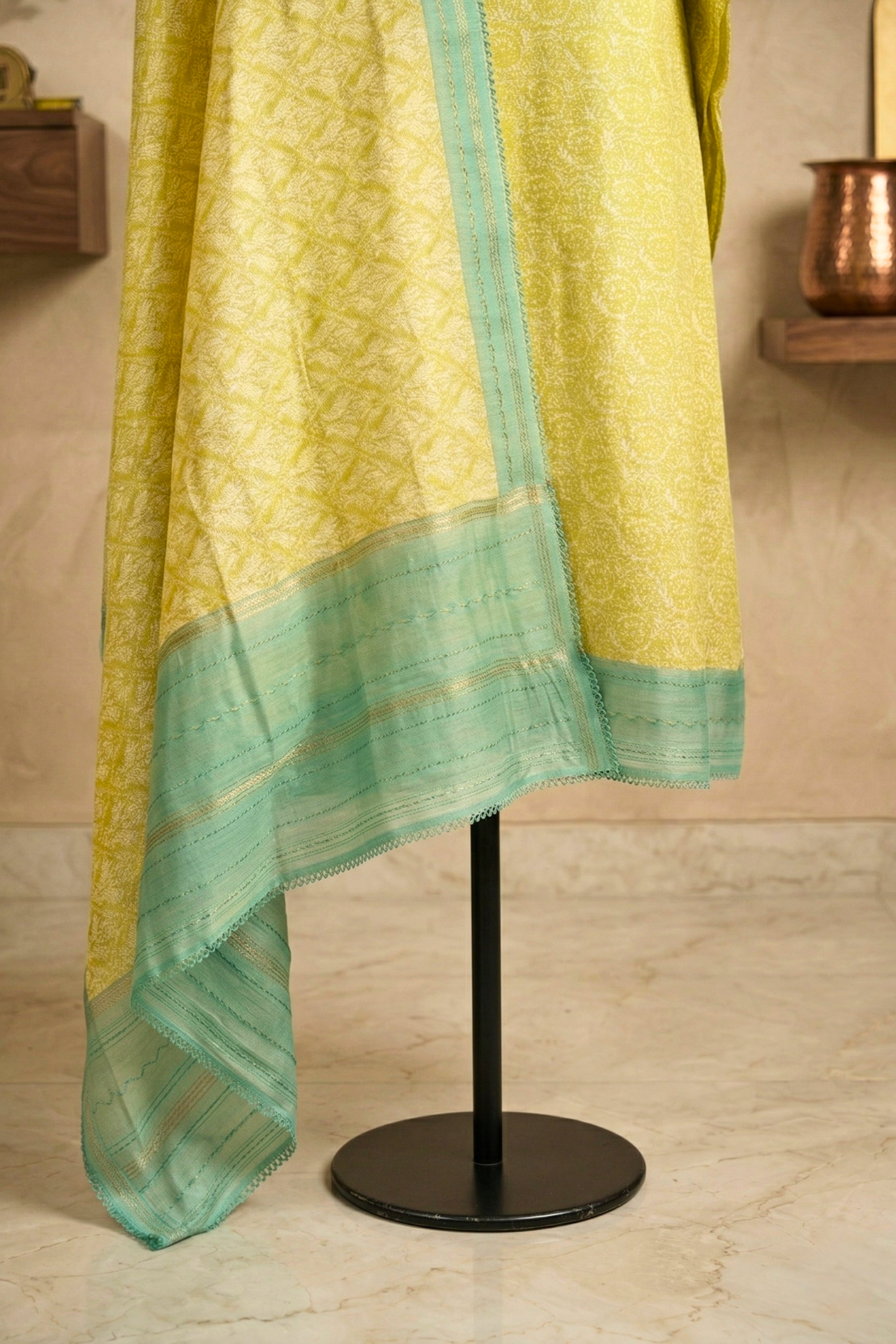 Fresh Lime & Mint Handloom Cotton Chanderi Unstitched Suit Set