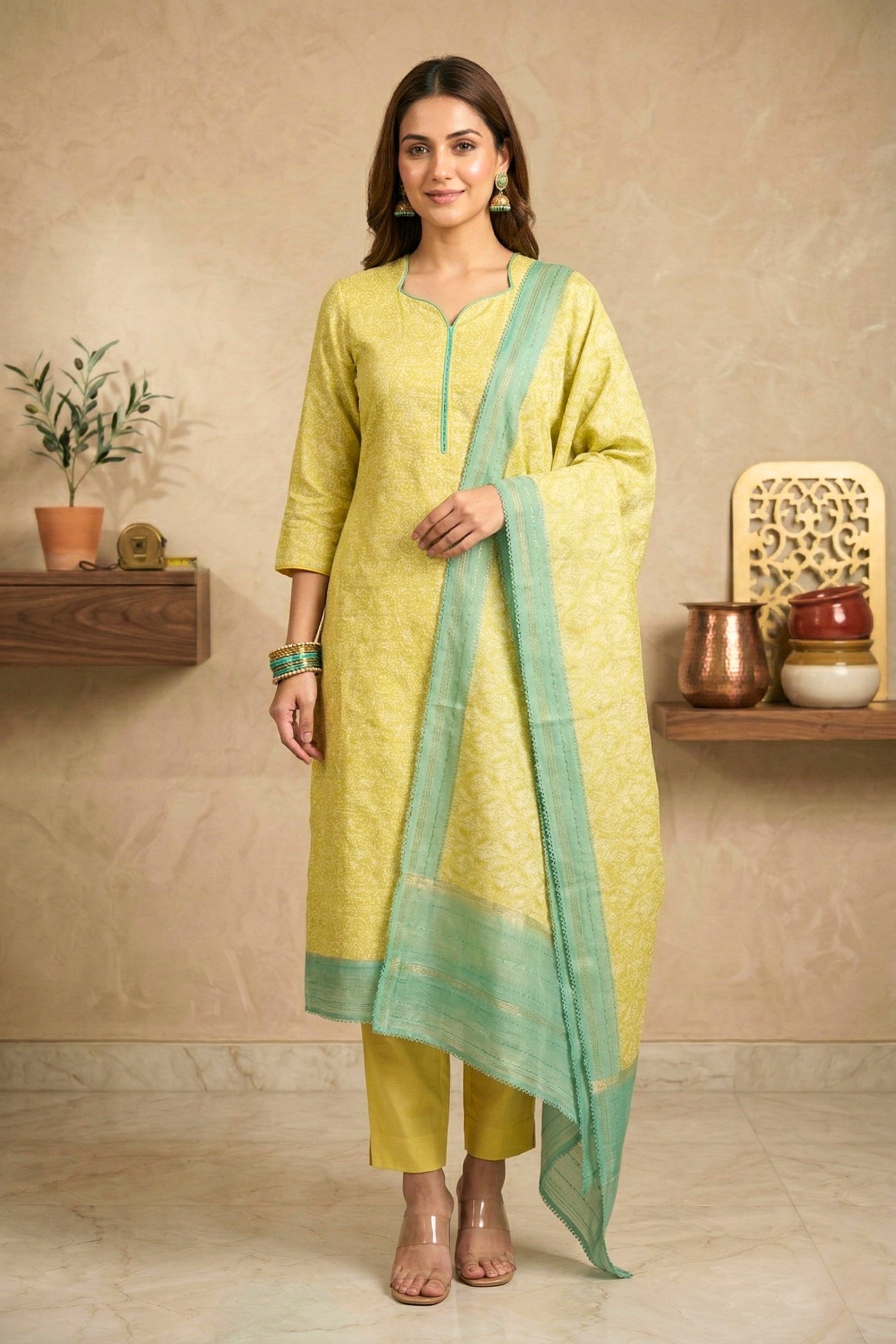 Fresh Lime & Mint Handloom Cotton Chanderi Unstitched Suit Set