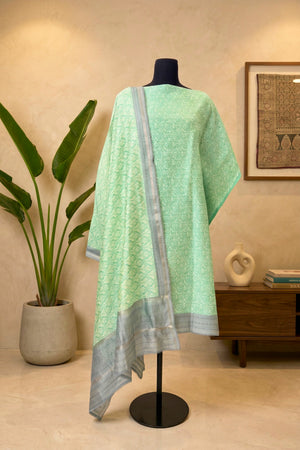 Pastel Mint Green & Slate Handloom Cotton Chanderi Unstitched Suit Set