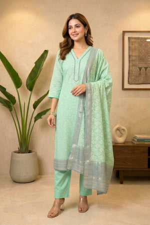 Pastel Mint Green & Slate Handloom Cotton Chanderi Unstitched Suit Set