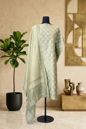 Sage Green Botanical Handloom Cotton Chanderi Unstitched Suit Set