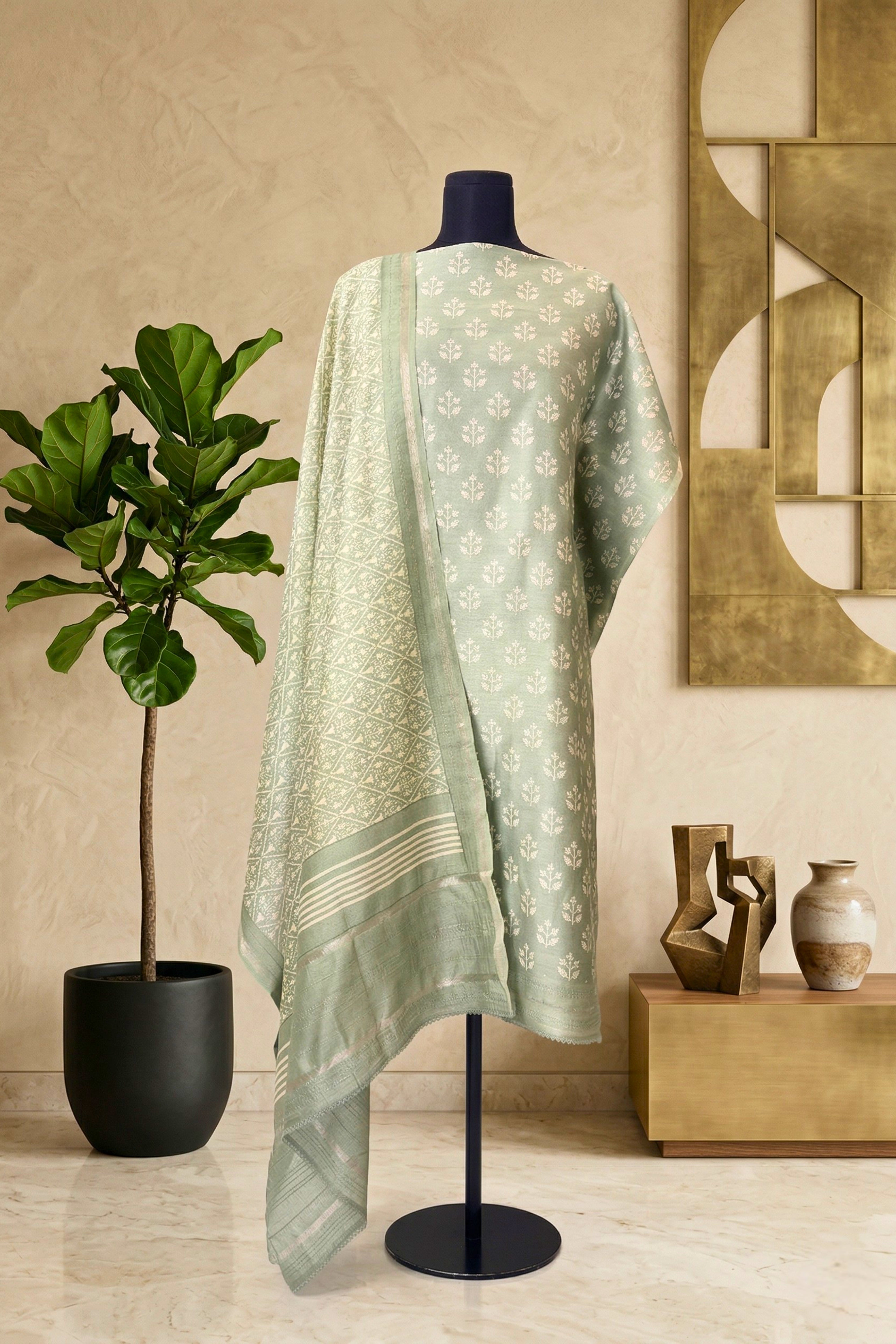 Sage Green Botanical Handloom Cotton Chanderi Unstitched Suit Set