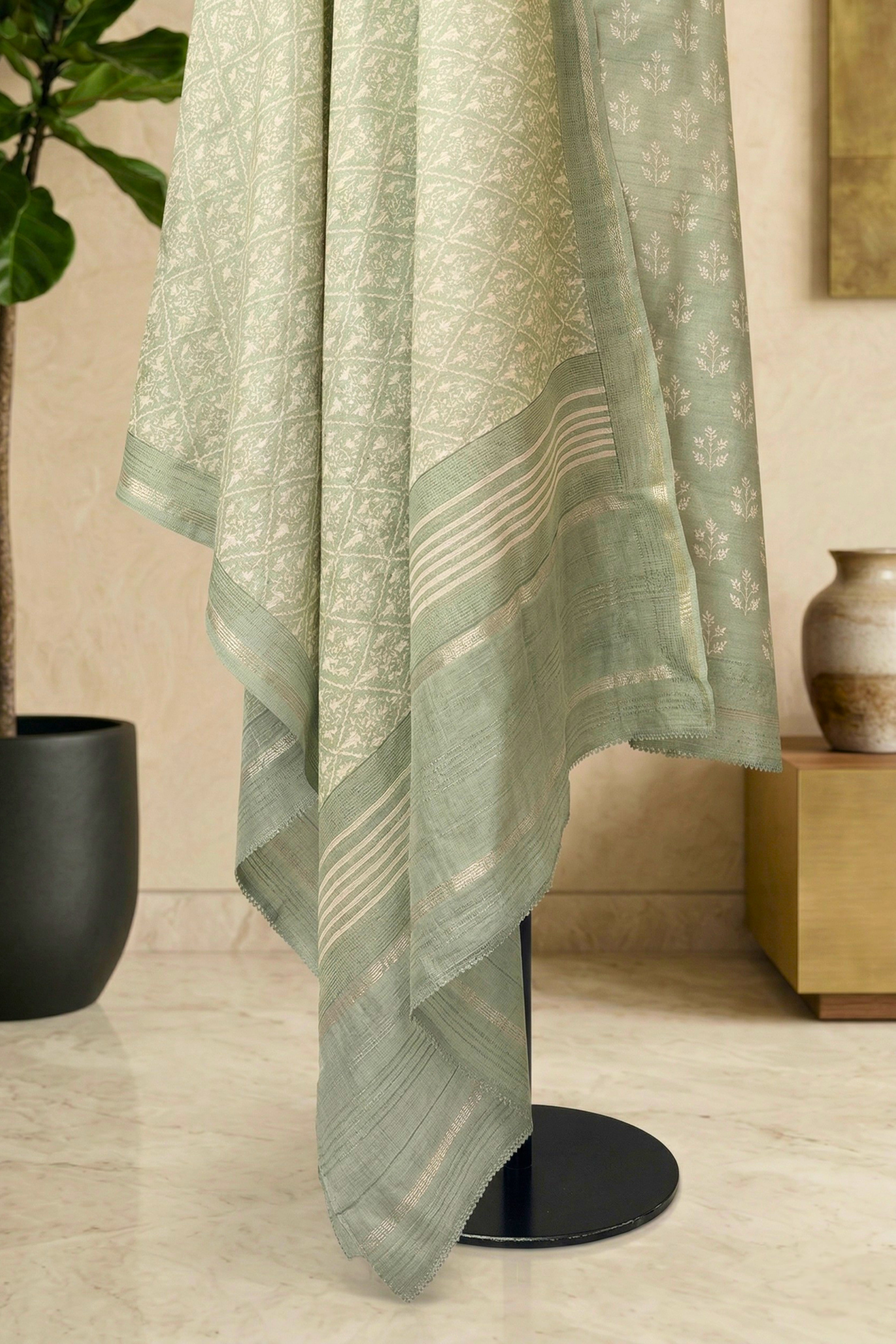 Sage Green Botanical Handloom Cotton Chanderi Unstitched Suit Set