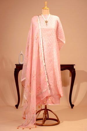 Blush Pink Pure Chanderi Unstitched Suit Set with Printed Organza Dupatta by Label Tamanna