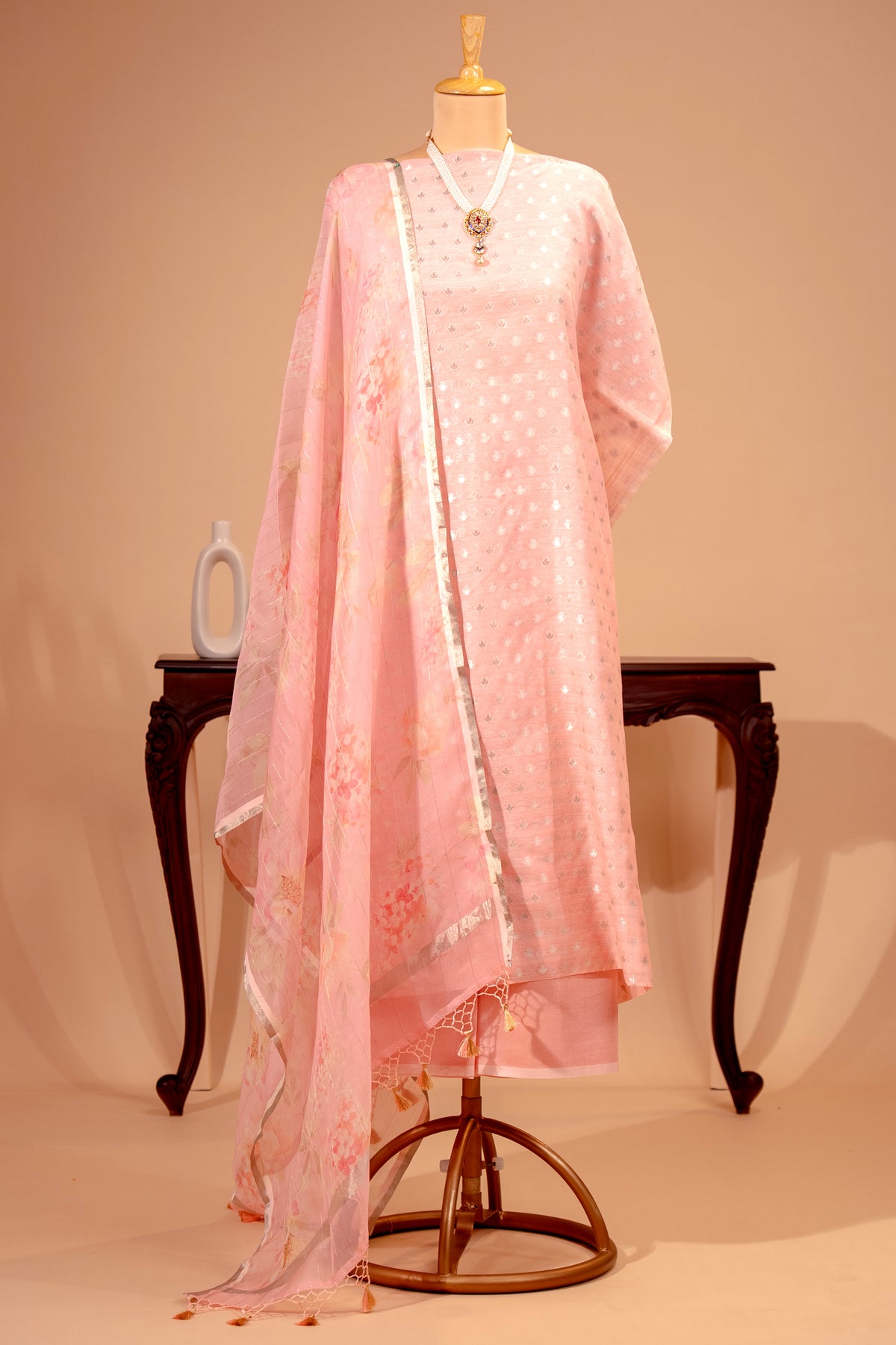 Blush Pink Pure Chanderi Unstitched Suit Set with Printed Organza Dupatta by Label Tamanna