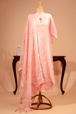 Blush Pink Pure Chanderi Unstitched Suit Set with Printed Organza Dupatta by Label Tamanna