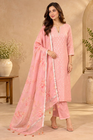 Blush Pink Pure Chanderi Unstitched Suit Set with Printed Organza Dupatta by Label Tamanna