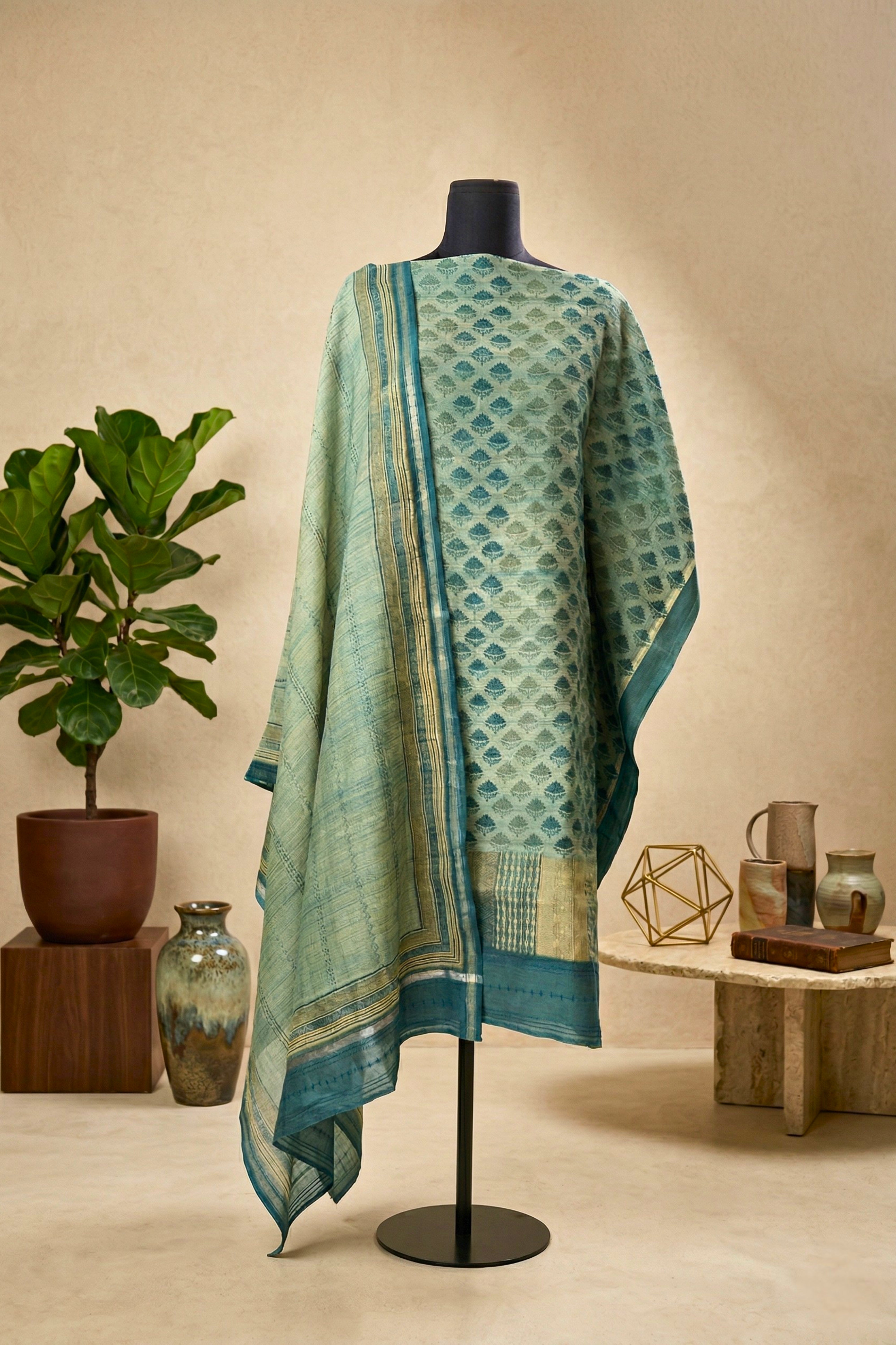 Teal & Sea Green Motif Cotton Unstitched Suit Set with Kantha Dupatta