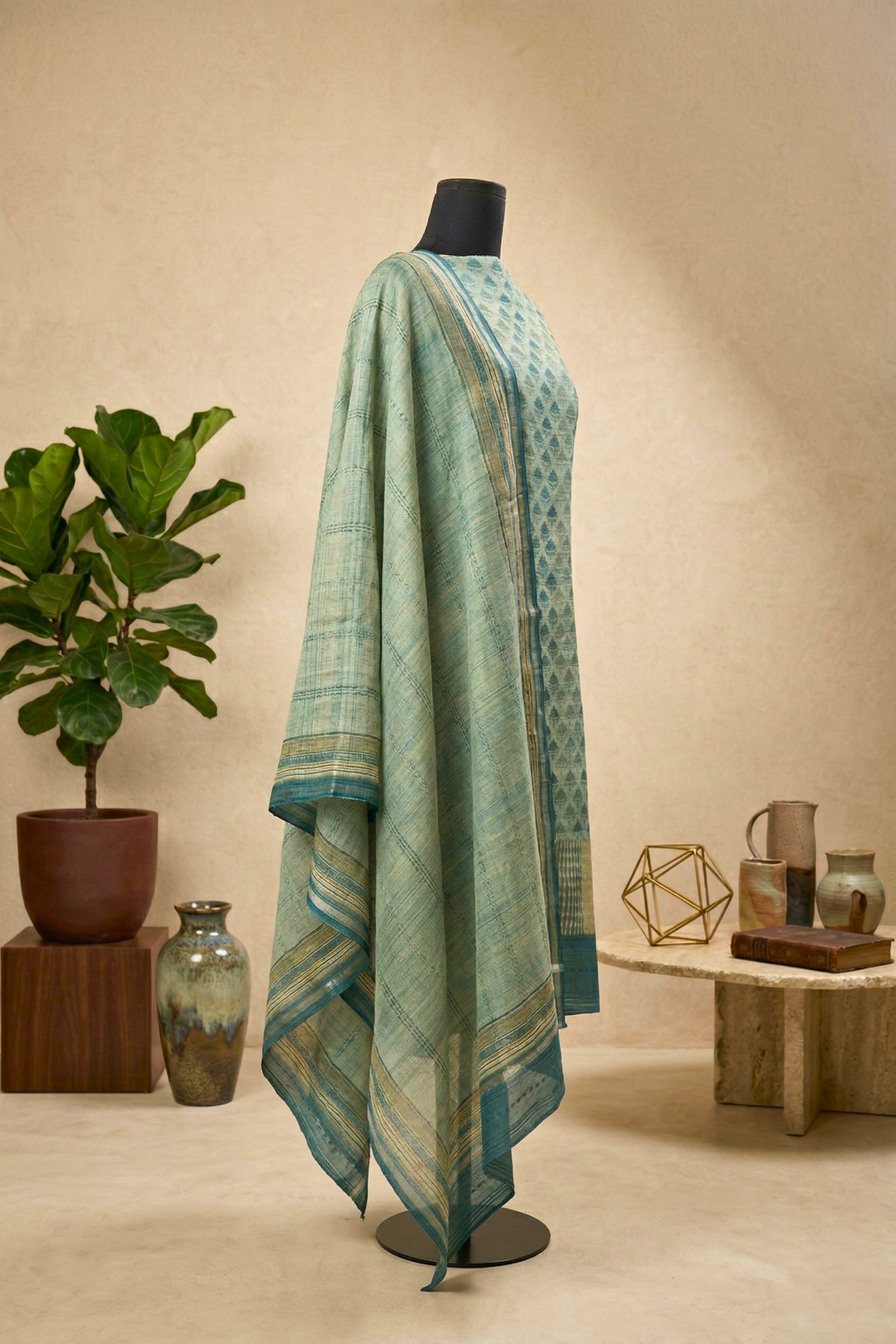 Teal & Sea Green Motif Cotton Unstitched Suit Set with Kantha Dupatta