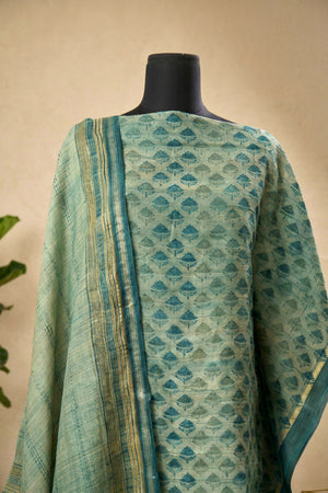 Teal & Sea Green Motif Cotton Unstitched Suit Set with Kantha Dupatta
