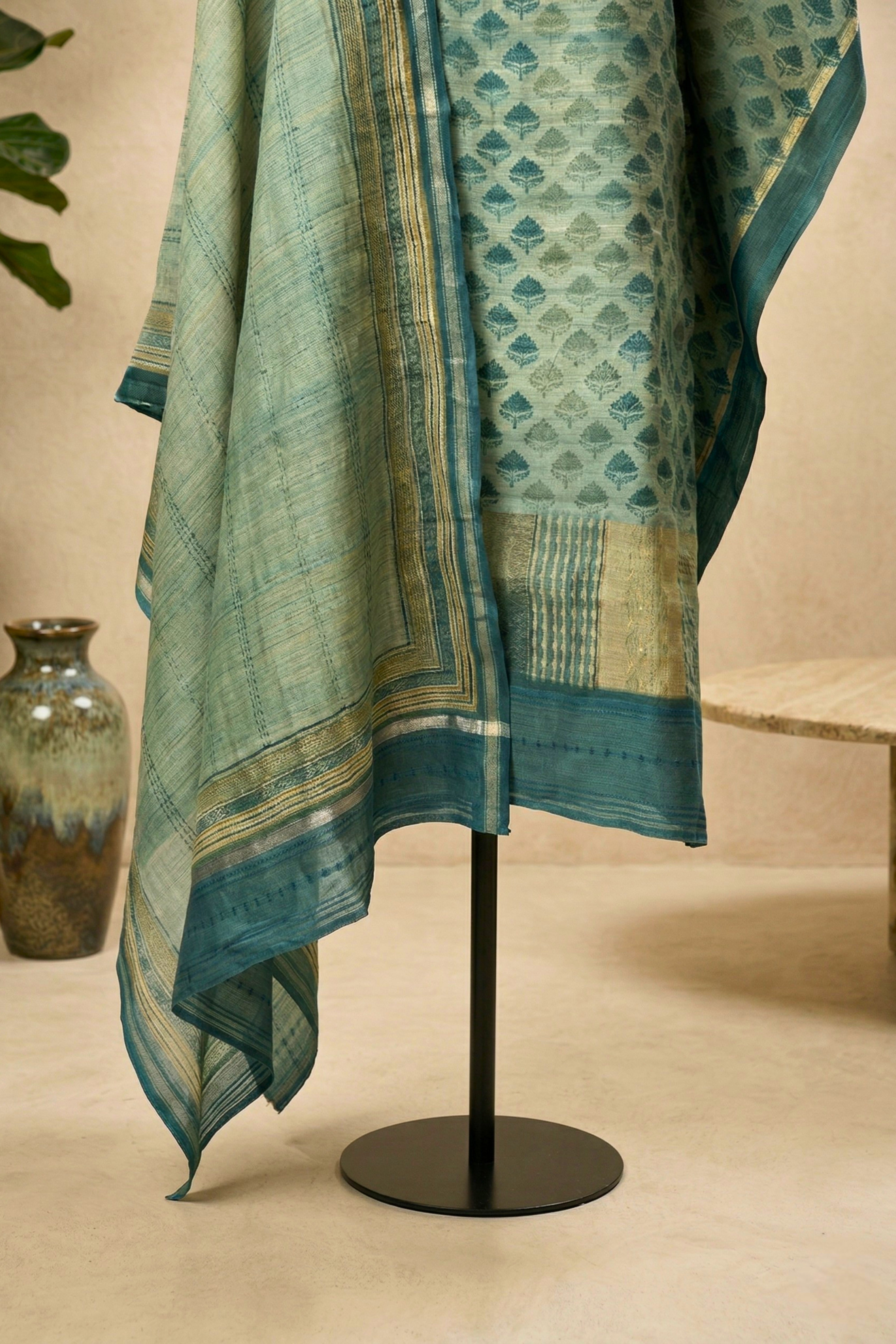 Teal & Sea Green Motif Cotton Unstitched Suit Set with Kantha Dupatta
