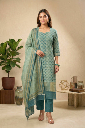 Teal & Sea Green Motif Cotton Unstitched Suit Set with Kantha Dupatta