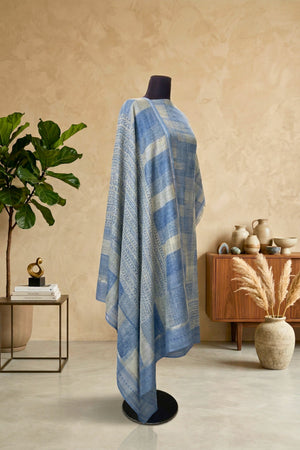 Dusty Indigo Geometric Print Cotton Unstitched Suit Set with Kantha Dupatta