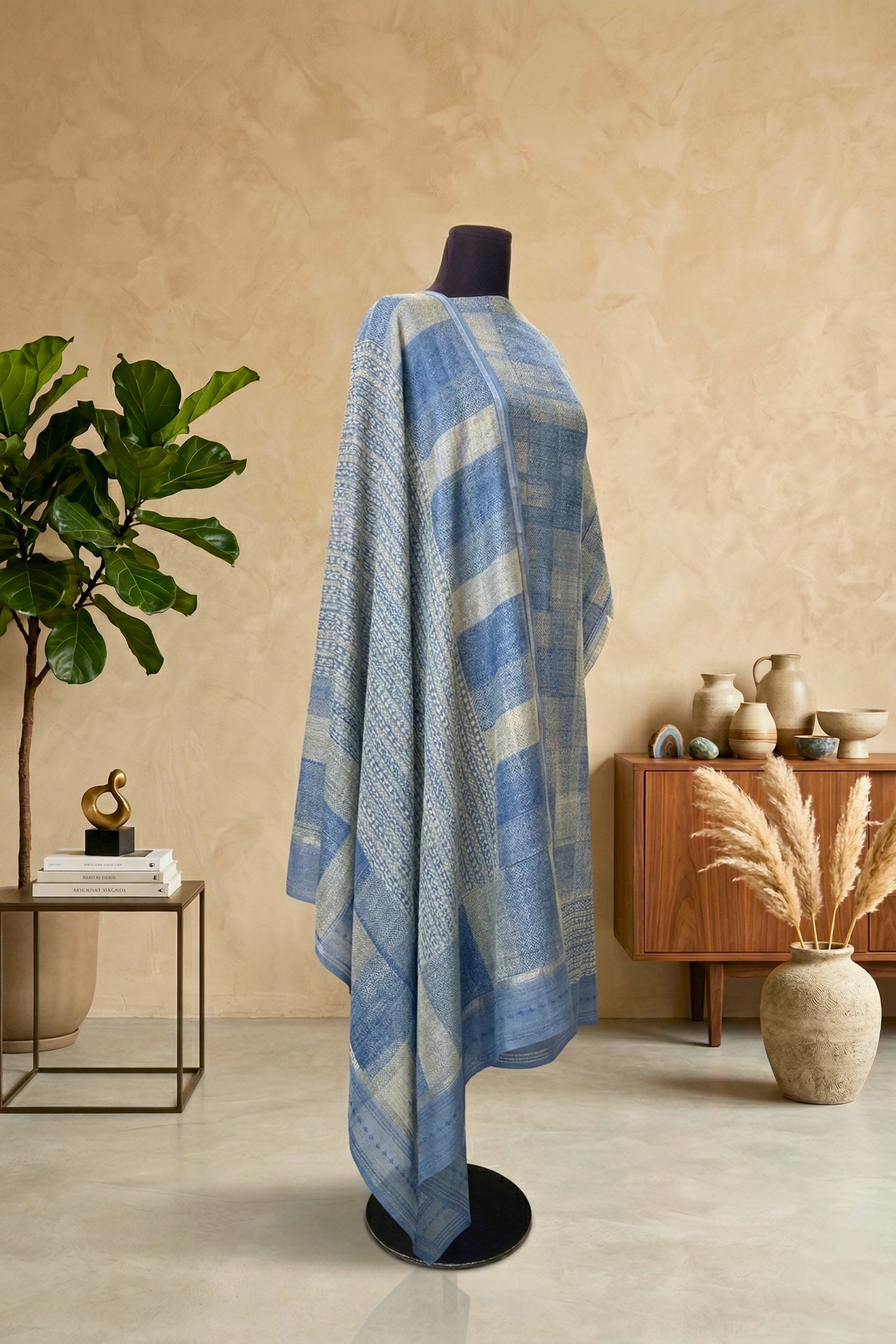 Dusty Indigo Geometric Print Cotton Unstitched Suit Set with Kantha Dupatta