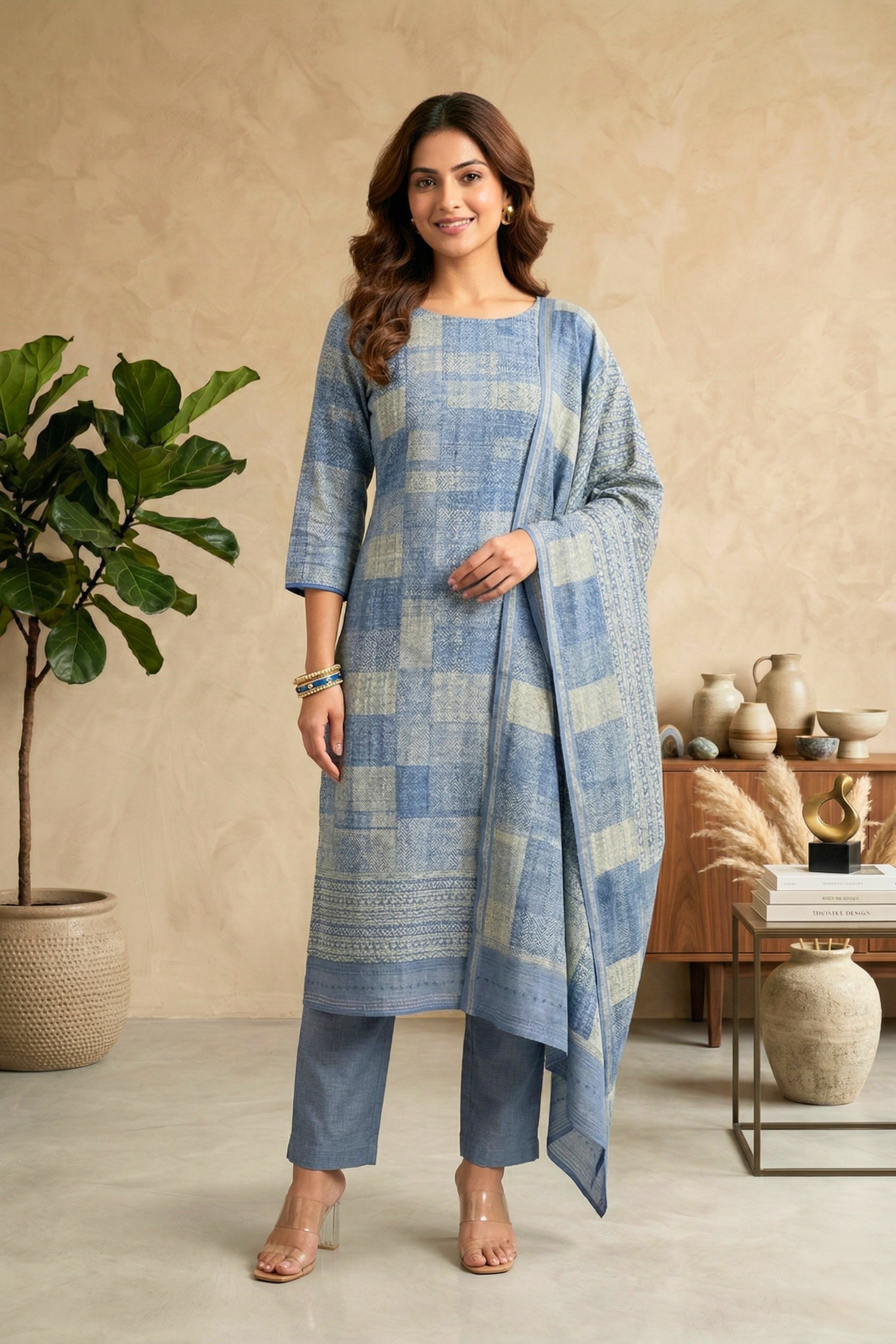Dusty Indigo Geometric Print Cotton Unstitched Suit Set with Kantha Dupatta