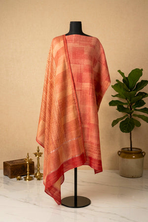 Terracotta Geometric Print Cotton Unstitched Suit Set with Kantha Dupatta