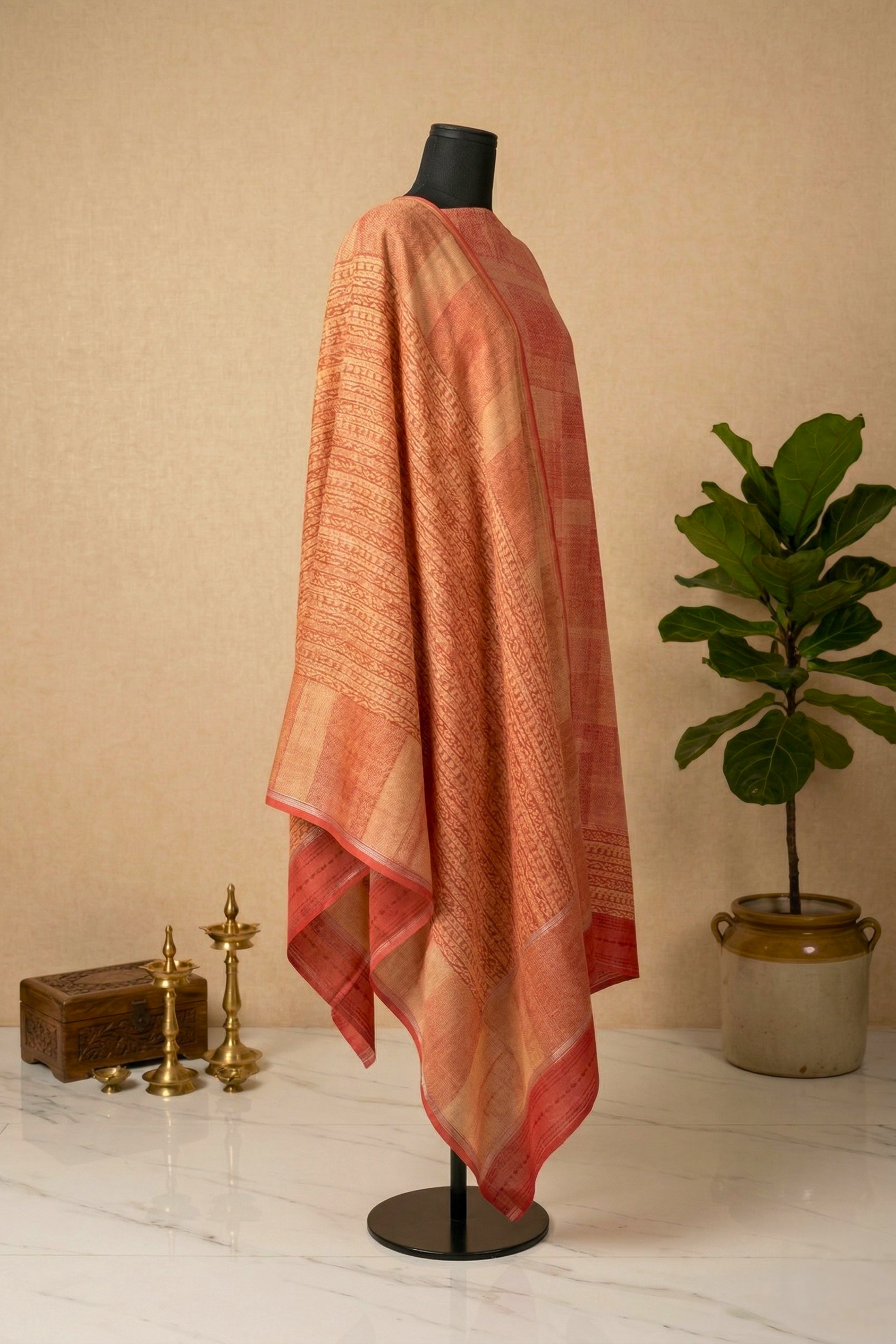Terracotta Geometric Print Cotton Unstitched Suit Set with Kantha Dupatta