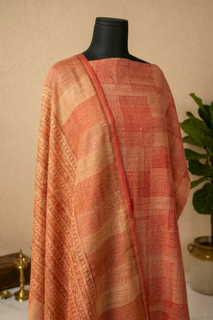 Terracotta Geometric Print Cotton Unstitched Suit Set with Kantha Dupatta