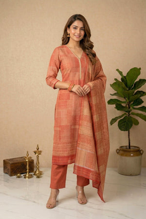 Terracotta Geometric Print Cotton Unstitched Suit Set with Kantha Dupatta