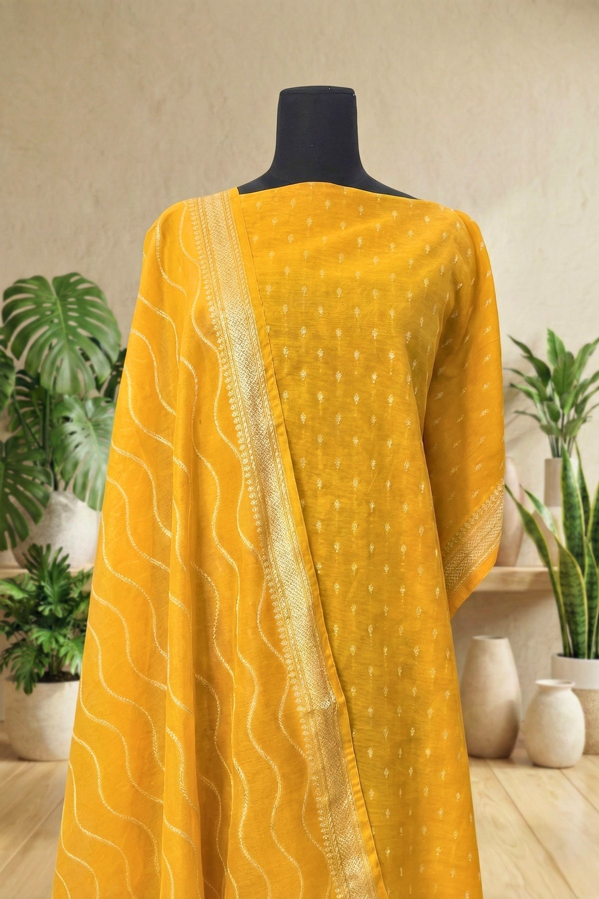 Haldi Yellow Cotton Chanderi Unstitched Suit Set – Pure Chanderi