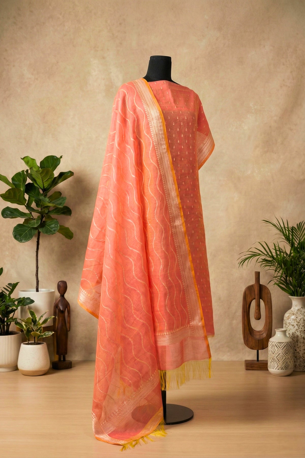 Peach Cotton Chanderi Unstitched Suit Set with Leheriya Zari Dupatta