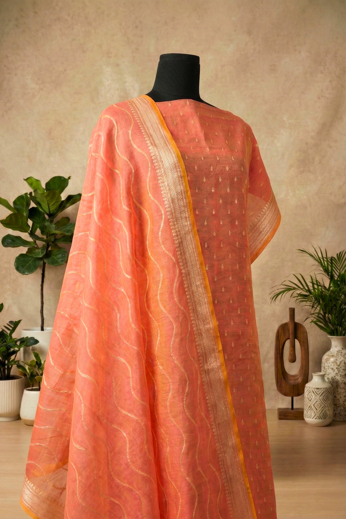 Peach Cotton Chanderi Unstitched Suit Set with Leheriya Zari Dupatta
