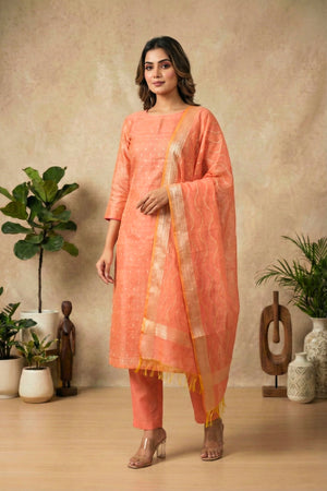 Peach Cotton Chanderi Unstitched Suit Set with Leheriya Zari Dupatta