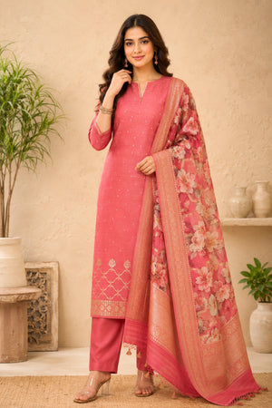 Blush Pink Moonga Silk Unstitched Suit Set with Floral Organza Dupatta by Label Tamanna