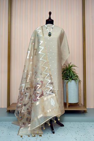 Champagne Beige Moonga Silk Unstitched Suit Set with Chevron Floral Organza Dupatta by Label Tamanna