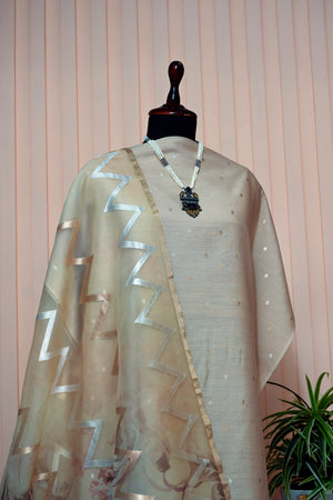 Champagne Beige Moonga Silk Unstitched Suit Set with Chevron Floral Organza Dupatta by Label Tamanna