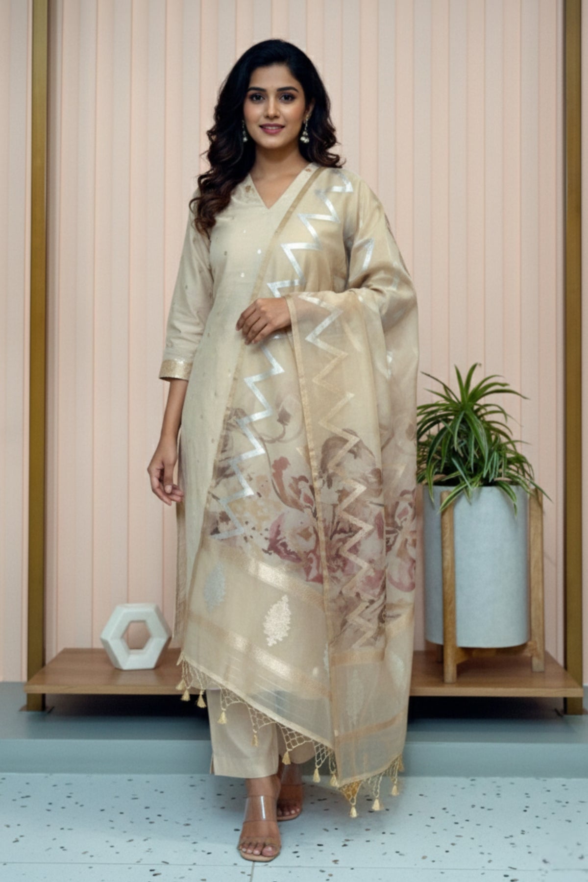 Champagne Beige Moonga Silk Unstitched Suit Set with Chevron Floral Organza Dupatta by Label Tamanna