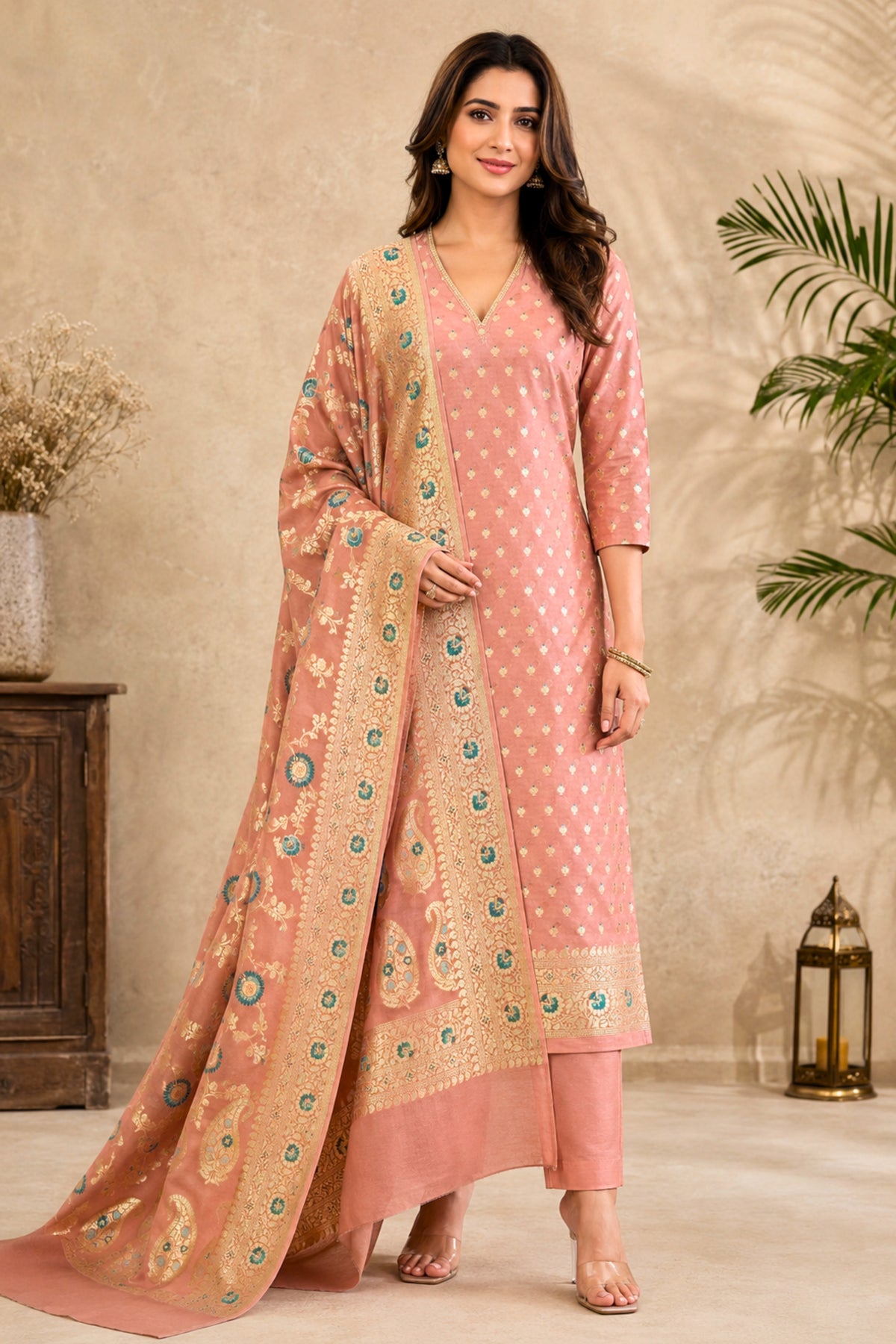 Blush Peach Banarasi Georgette Unstitched Suit Set with Jaal Dupatta by Label Tamanna