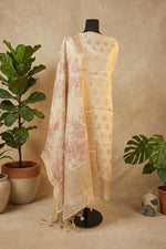 Cream & Gold Chanderi Unstitched Suit Set with Floral Printed Dupatta by Label Tamanna