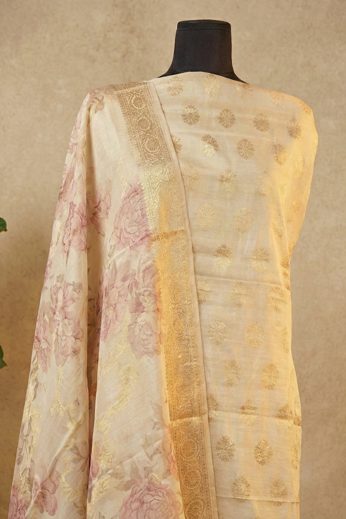 Cream & Gold Chanderi Unstitched Suit Set with Floral Printed Dupatta by Label Tamanna