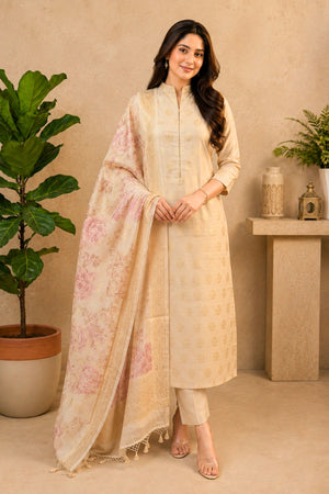 Cream & Gold Chanderi Unstitched Suit Set with Floral Printed Dupatta by Label Tamanna