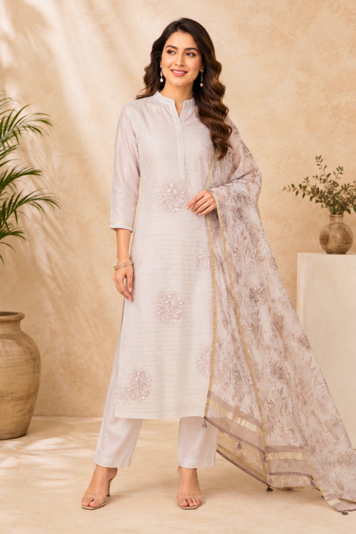 Ethereal Pastel Lavender Mul Chanderi Unstitched Suit Set with Floral Organza Dupatta by Label Tamanna