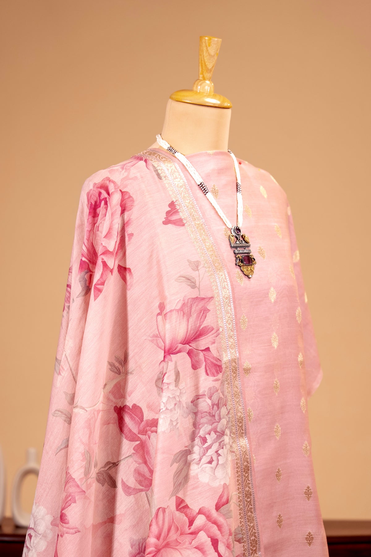 Rose Pink Pure Chanderi Unstitched Suit Set with Floral Dupatta by Label Tamanna