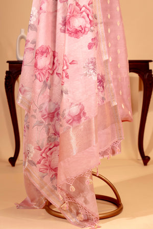 Rose Pink Pure Chanderi Unstitched Suit Set with Floral Dupatta by Label Tamanna