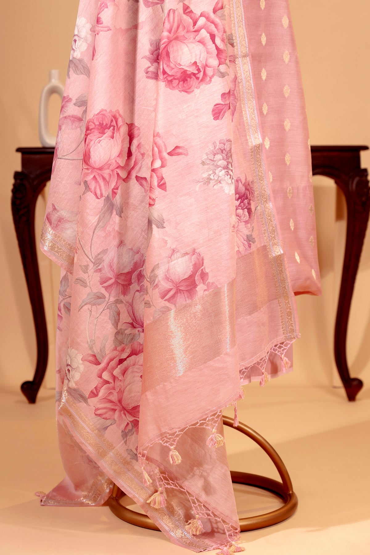 Rose Pink Pure Chanderi Unstitched Suit Set with Floral Dupatta by Label Tamanna