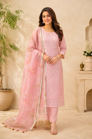 Pastel Pink Chanderi Unstitched Suit Set with Floral Organza Dupatta by Label Tamanna