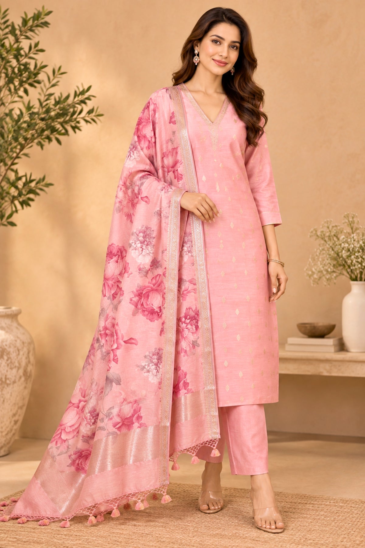 Rose Pink Pure Chanderi Unstitched Suit Set with Floral Dupatta by Label Tamanna