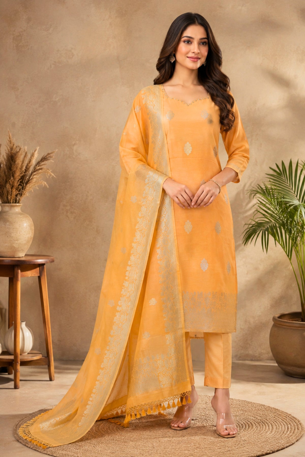 Genda Orange Banarasi Chiffon Linen Unstitched Suit Set with Zari Dupatta by Label Tamanna